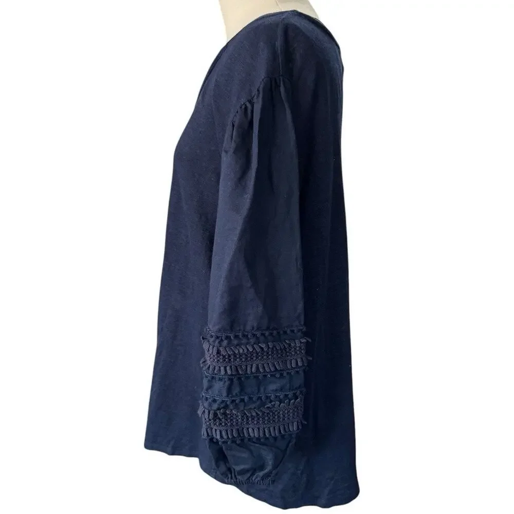 Chicos Navy Blue Linen Shirt Tunic Slub Knit Pom 3/4 Sleeve Size 3 XL